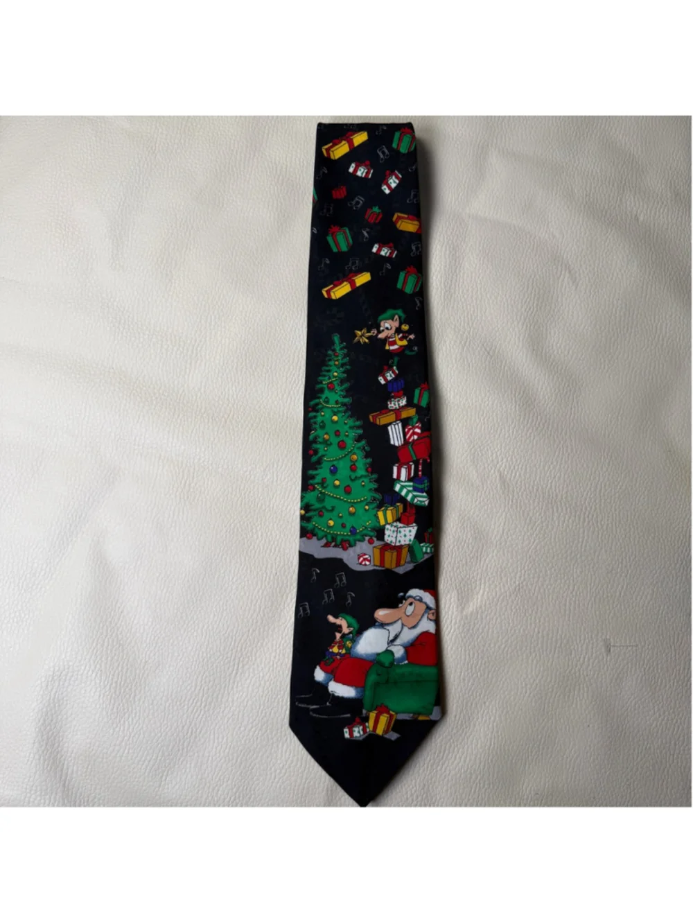 Vintage Hallmark Yule Tie Greetings Santa Elf Christmas Tree Necktie Made USA